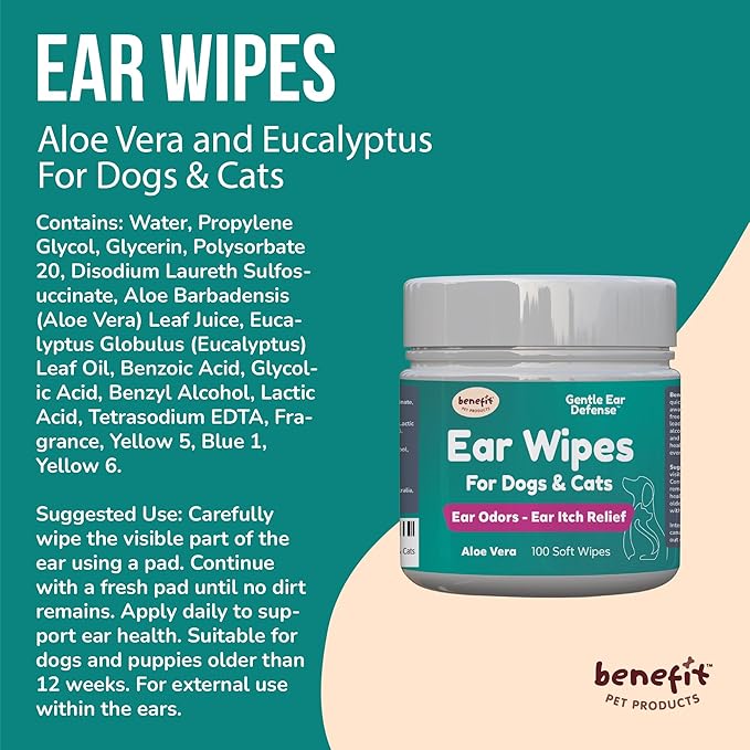 Benefit Pet Products Dog Ear Wipes - Ear Cleaner for Dogs to Prevent Infections, Itching & Odor - Aloe & Eucalyptus, Grooming Wipes - 100 Count