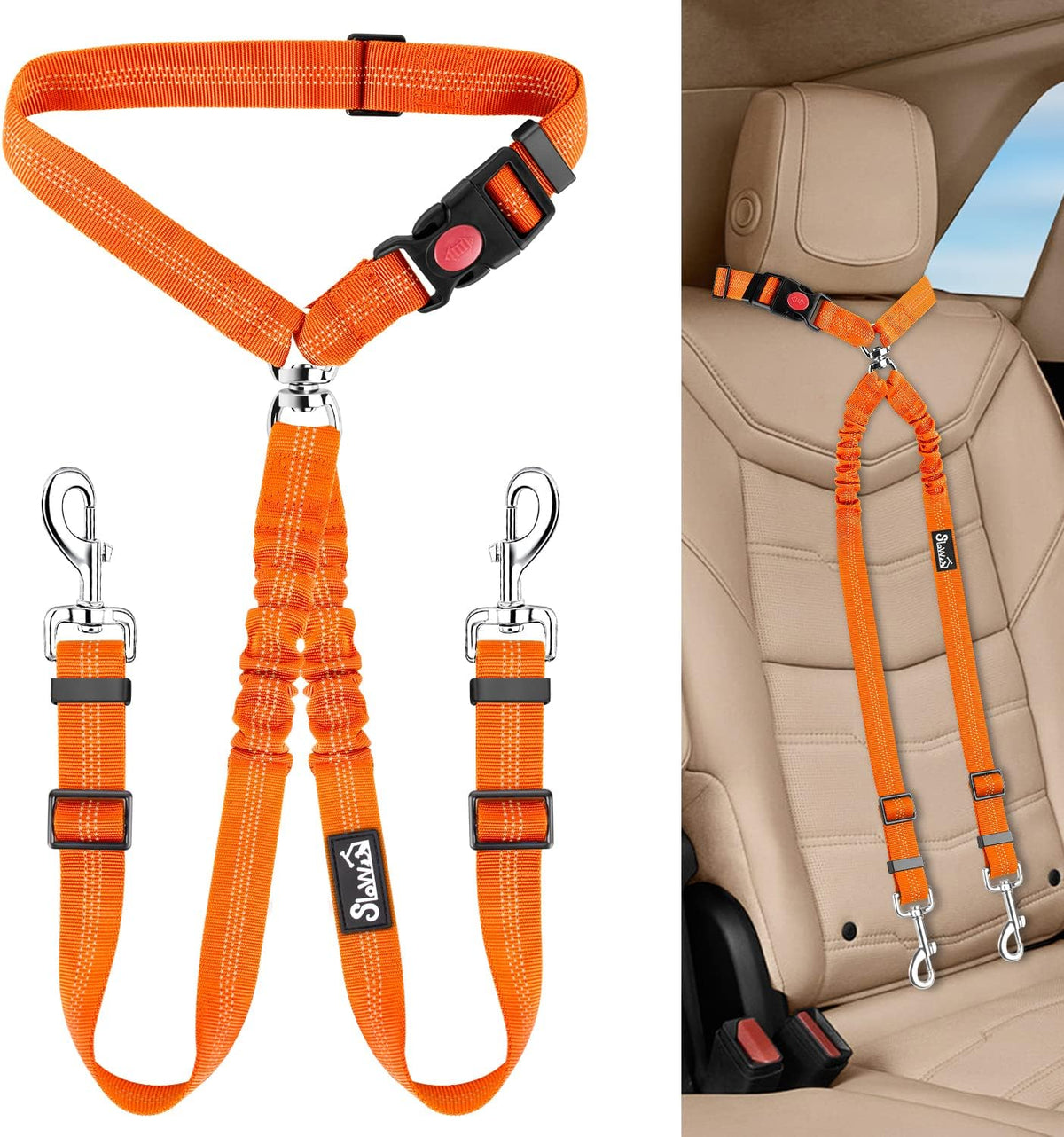 Lukovee Double Dog Car Seat Belt, No Tangle Headrest Restraint – Essentials for Dogs - Orange / 1 Pack