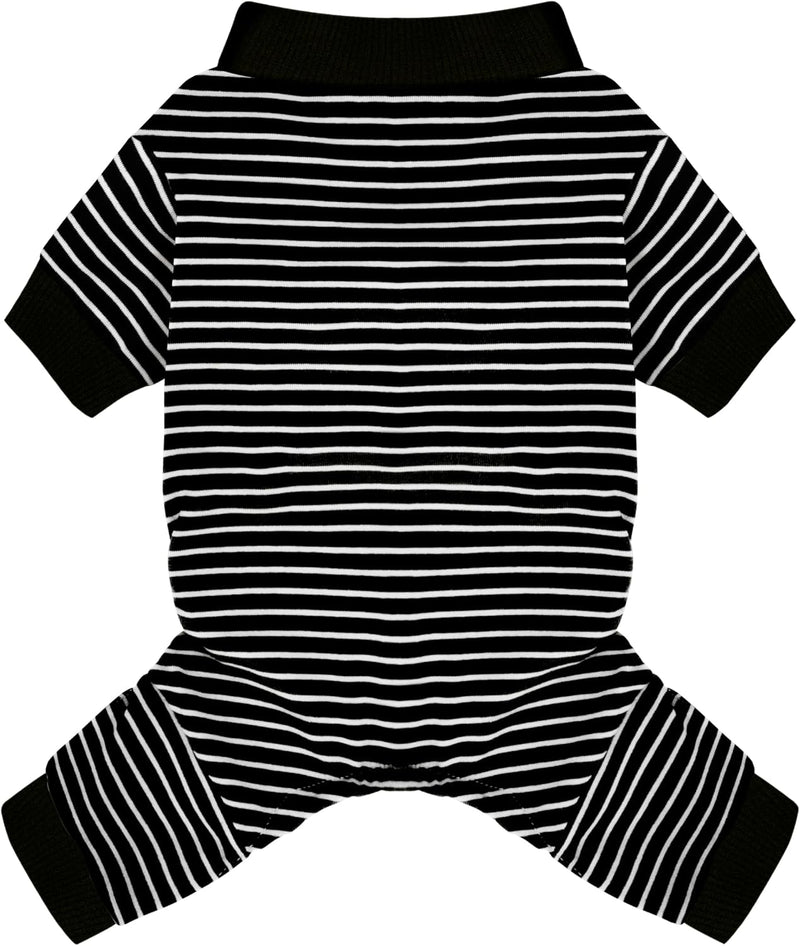Blue Striped Dog Pajamas: 4-Legged Cotton Stretchable Jumpsuit Pjs - Black Striped / 2XL-(26~38lb) | Chest(~25.5")