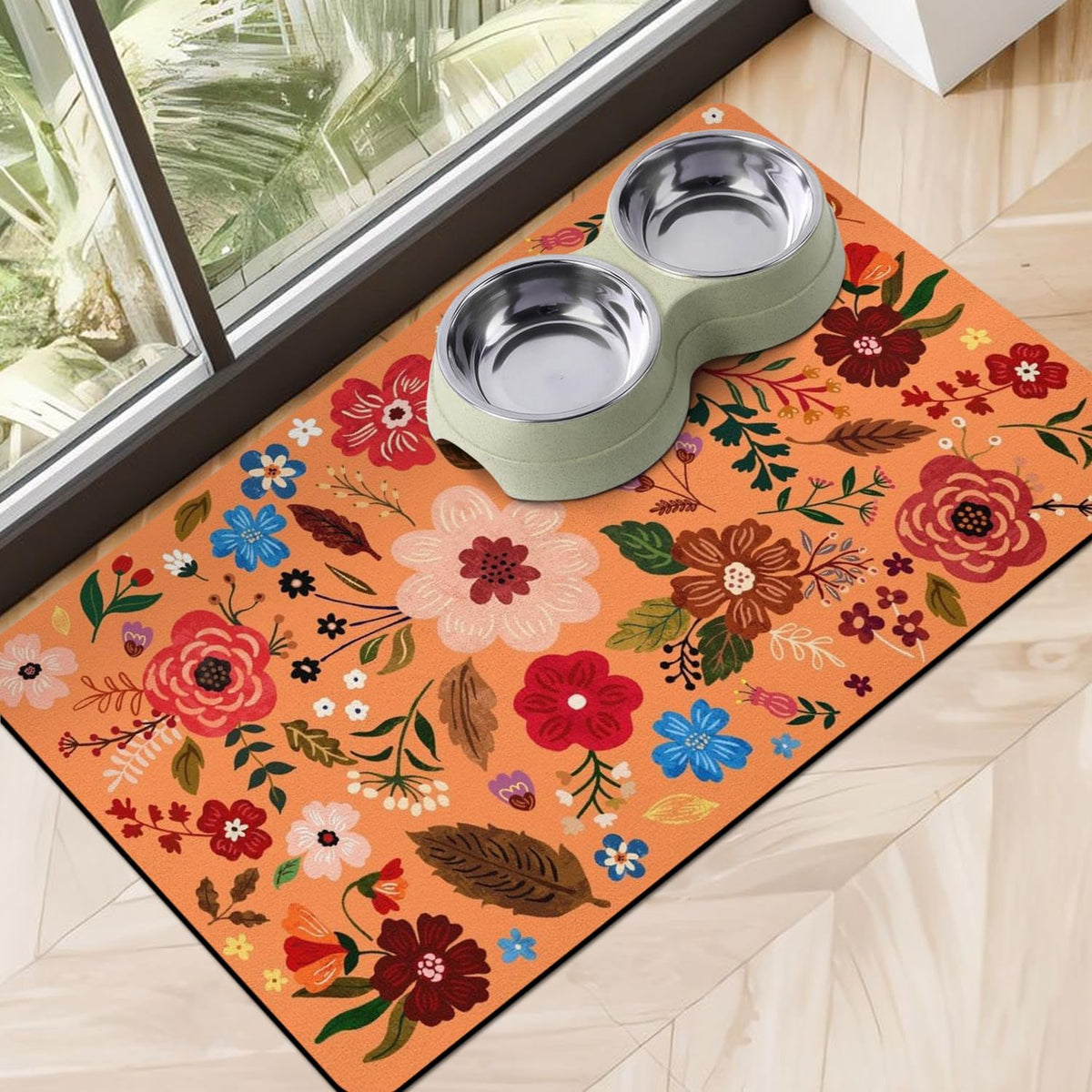 Dog Food Mats for Floors, Absorbent Dog Bowl Mat for Food and Water Dispenser, Quick Dry Cat Food - Orange / 20"L x 12"W