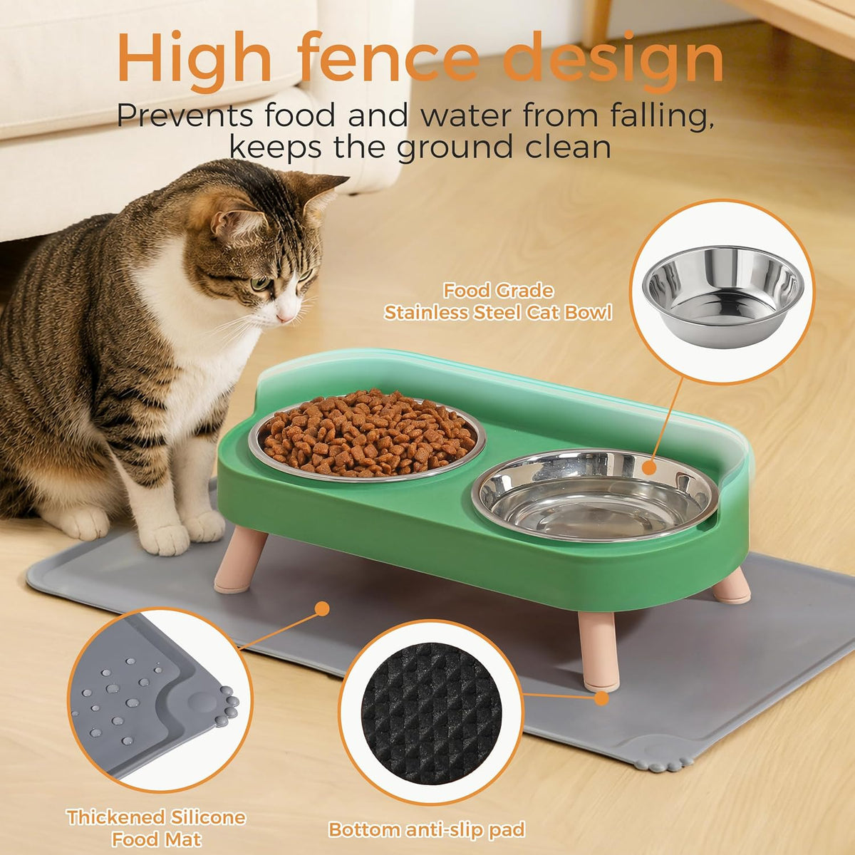 Elevated Cat Bowls Set - Raised Cat Food and Water Bowl Set with Non Slip Stand - Pet Feeding - Green with Mat - image 4