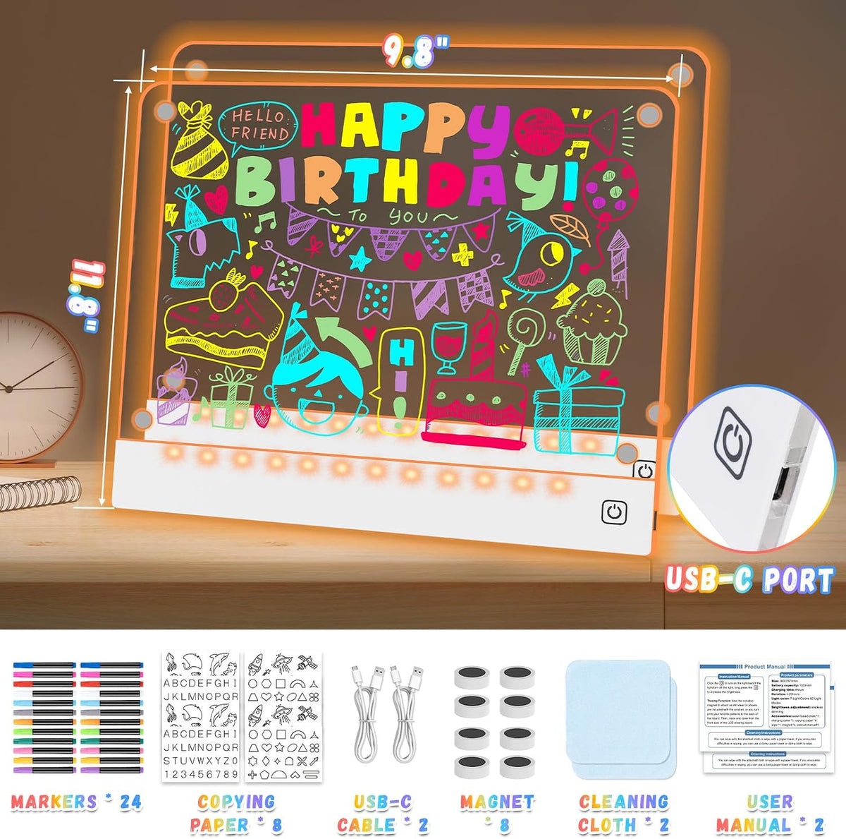 16" Rechargeable LED Drawing Board for Kids, 7 Colors - White4 / 2PACK - image 2