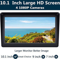 10.1" 1080P Backup Camera Monitor & Built-in DVR for RV Truck Trailer Rear Side Front Reversing View Wired System FHD Image 4 Split Large Screen 64GB Recorder IP69 Waterproof Avoid Blind Spot Kit