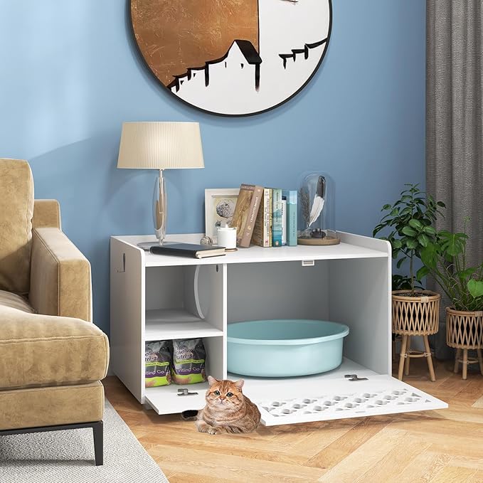 Tangkula Cat Litter Box Enclosure, Hidden Litter Box with Removable Cushion & Flip-Down Opening, Multifunctional Storage Cabinet Bench, Modern Litter Box Furniture Fits Most Litter Box (White)