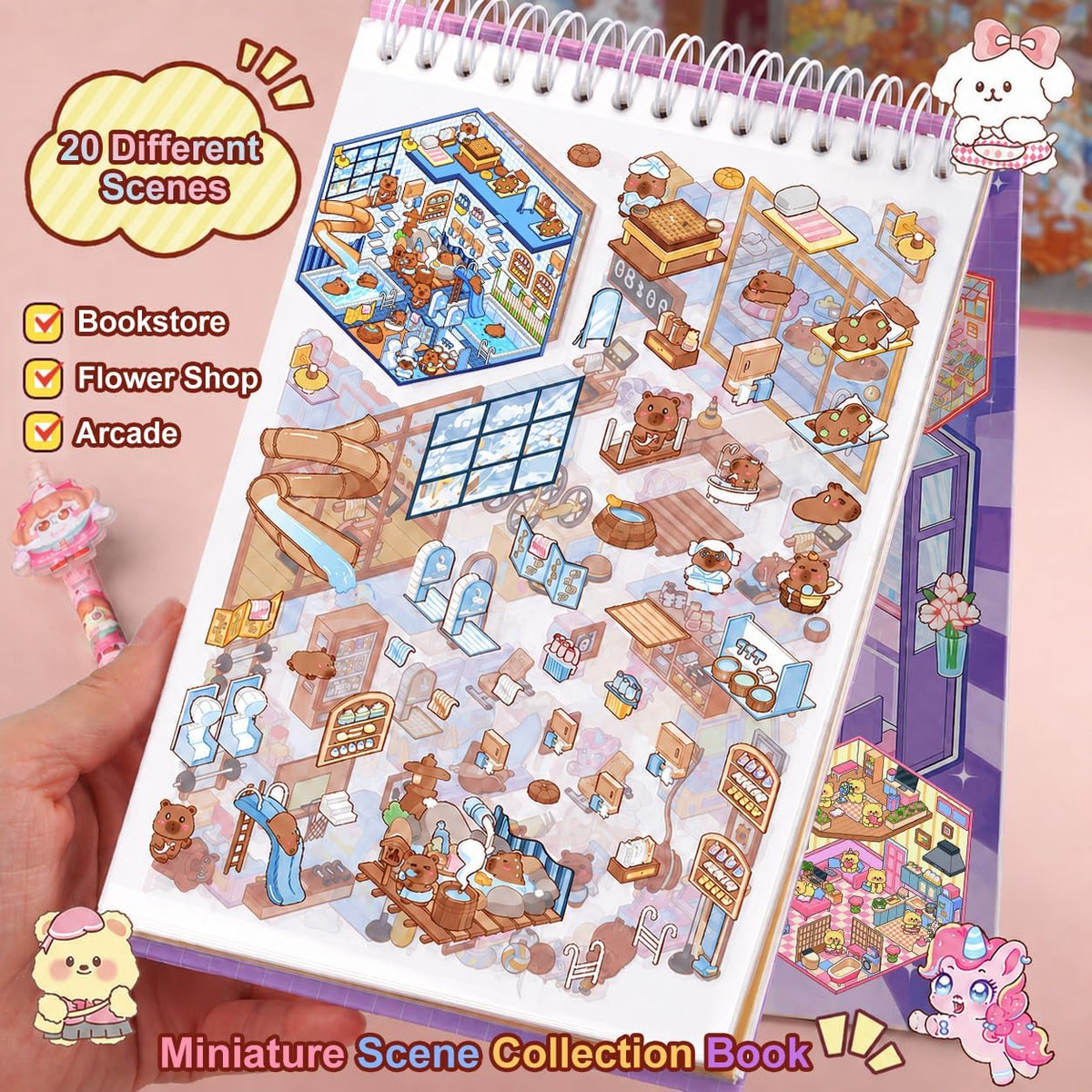 Xuoent 3D scene sticker book with mini kawaii scenes and tweezers - view 5