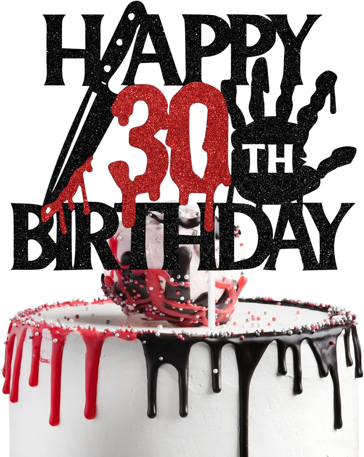 Black glitter Killer Happy 13th Birthday cake topper for a horror Halloween party - view 10