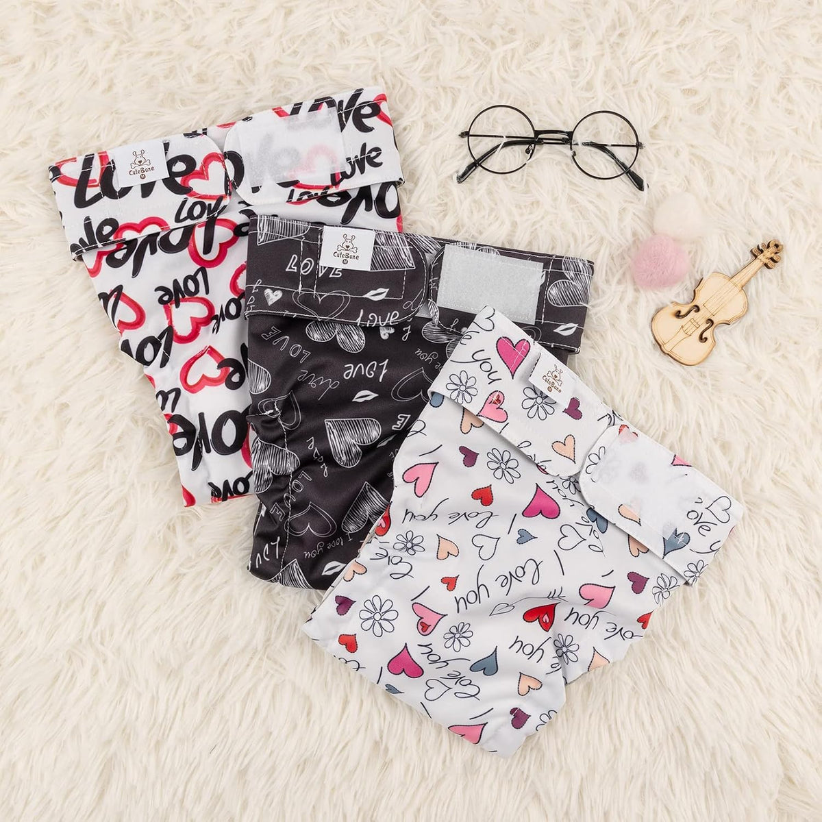 CuteBone Washable Dog Diapers Female No Tail Hole 3 Pack Reusable - For docked-tail, hearts / M - image 3