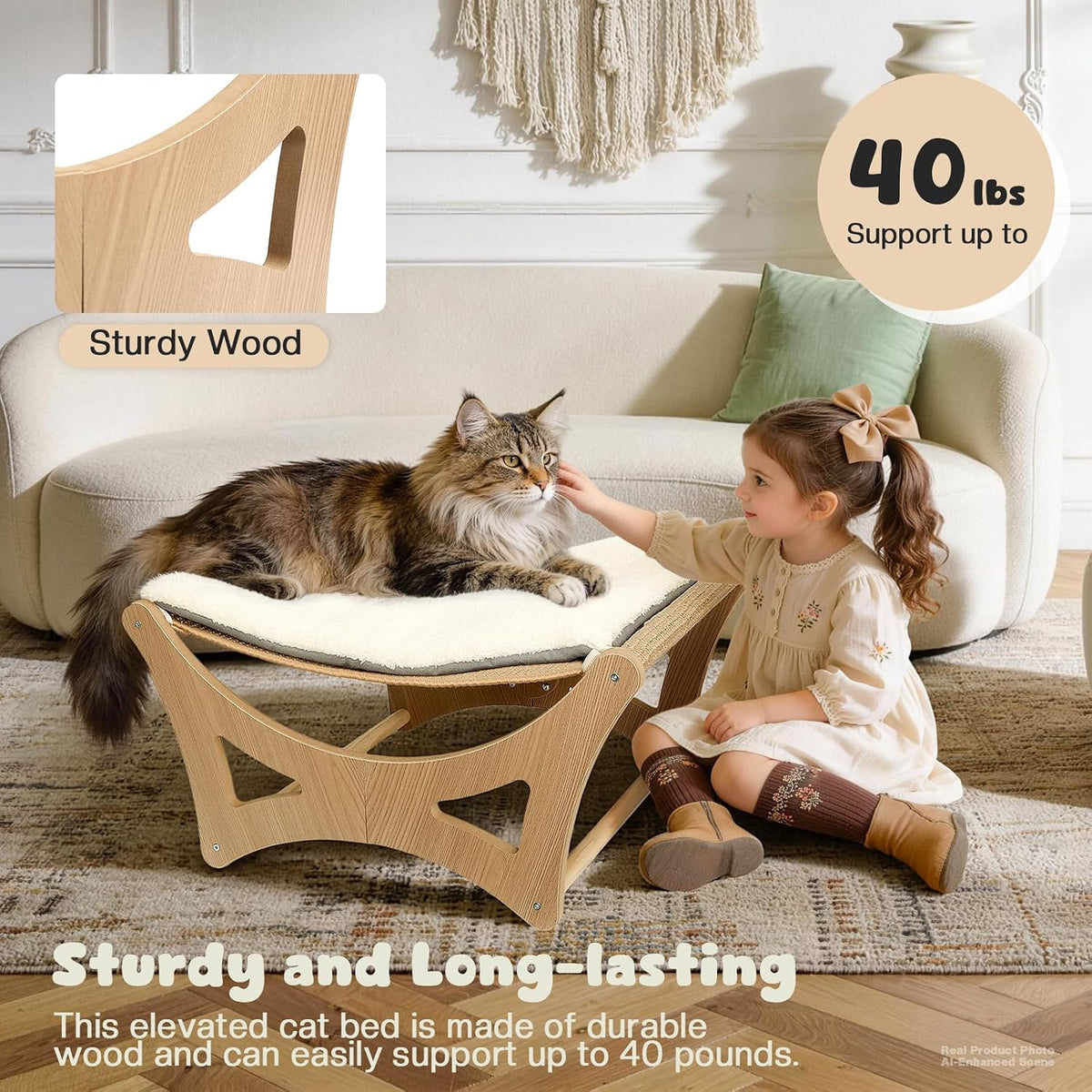Cat Hammock Bed, Wooden Elevated Cat Beds with Natural Sisal Scratching Mat, Cats Scratcher Bed - Natural Wood - image 4