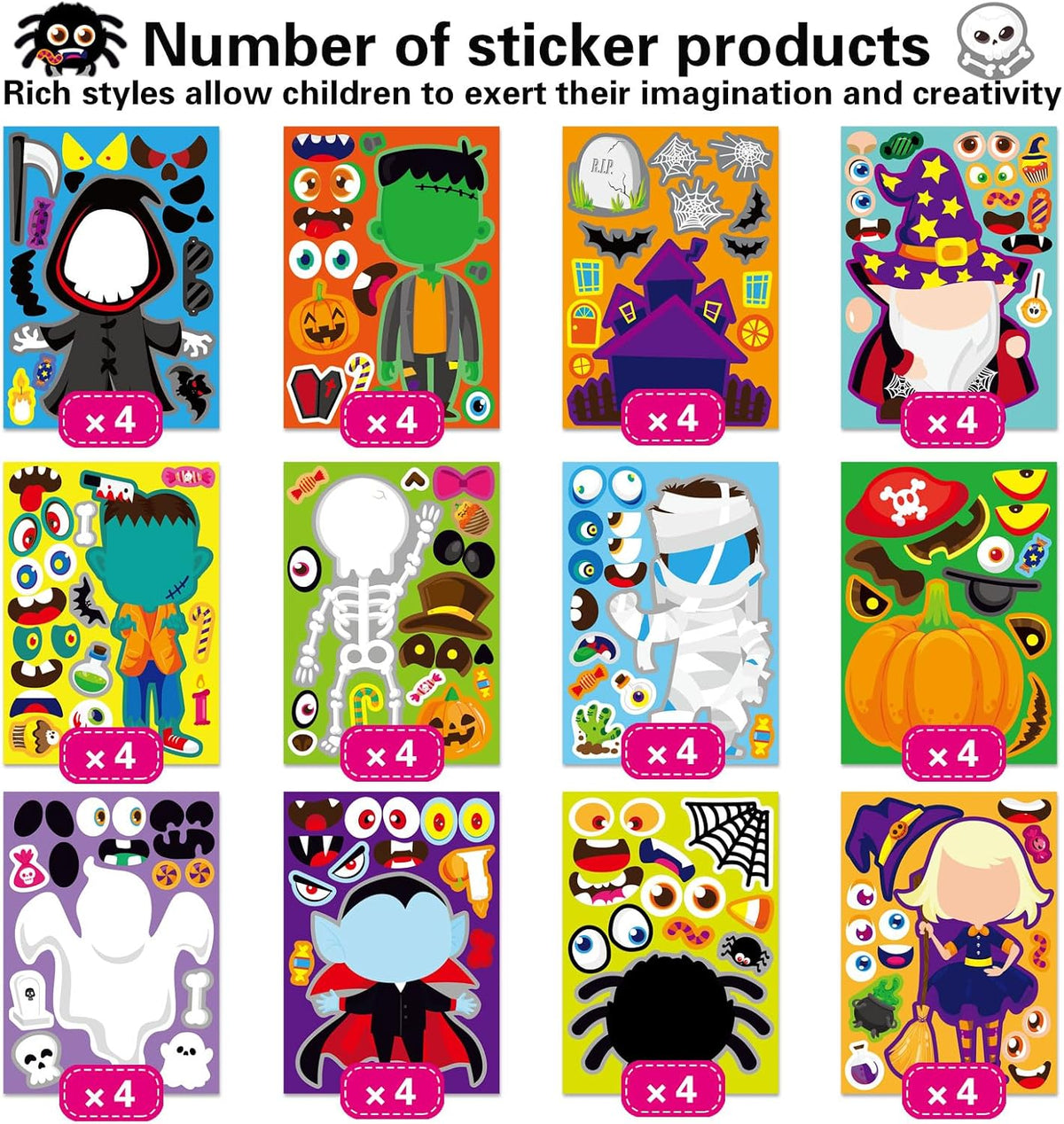 48PCS Halloween Make-a-face Stickers Halloween Characters Stickers - Halloween 12 Design - image 3