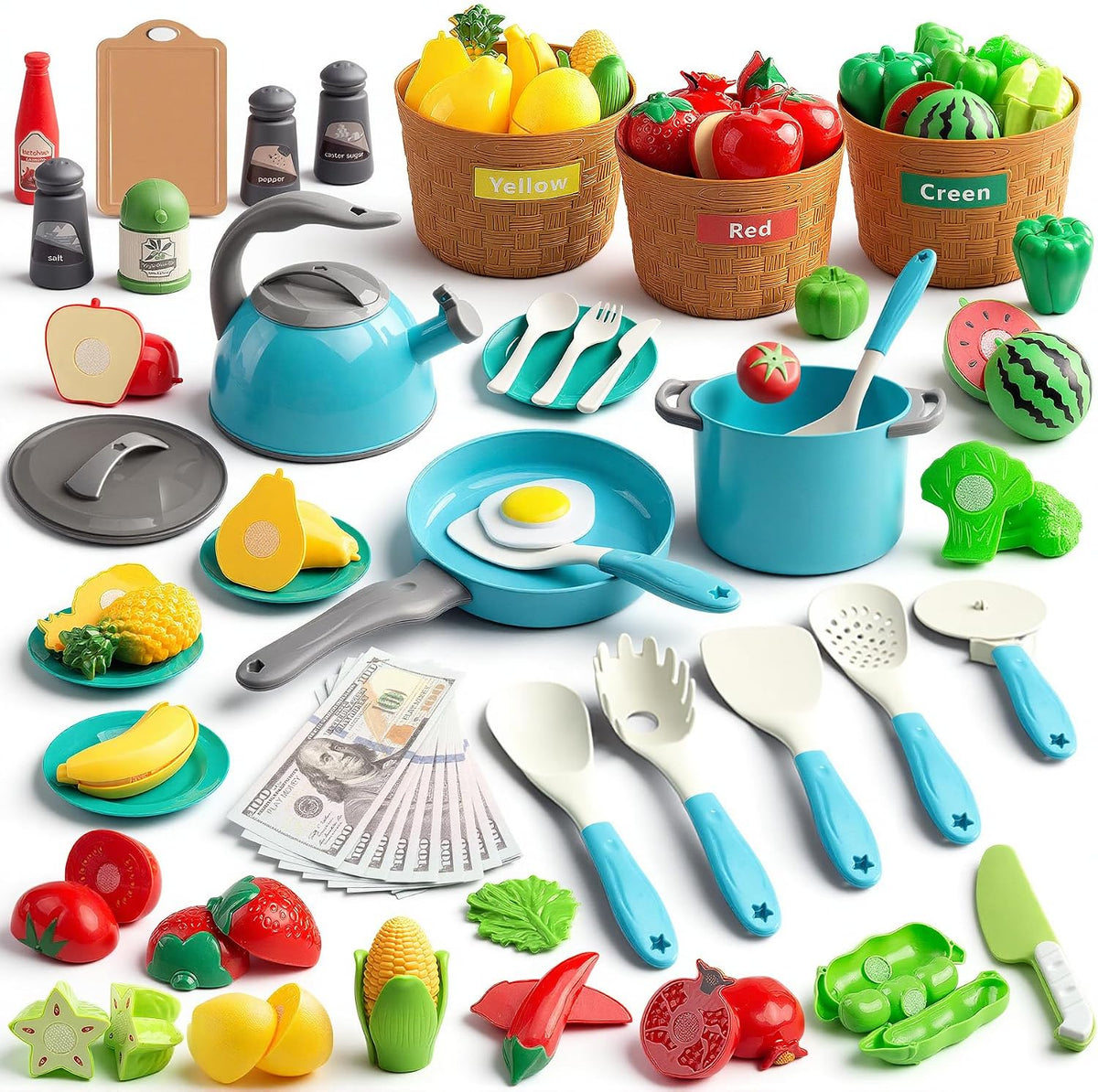 35Pcs Kids Kitchen Toy Accessories - Turquoise / 90Pcs