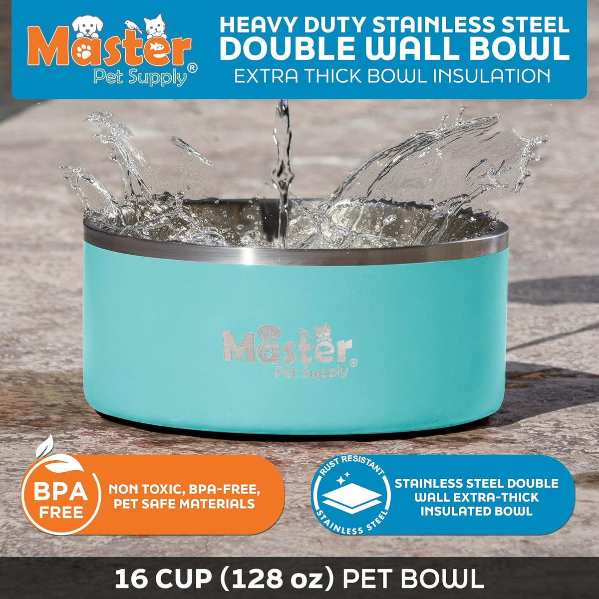 Master Pet Supply Stainless Steel Dog Bowls 128 oz Heavy Duty Aqua Sky – Essentials for Dogs - Aqua Sky / 16 Cups (128 oz) - image 2