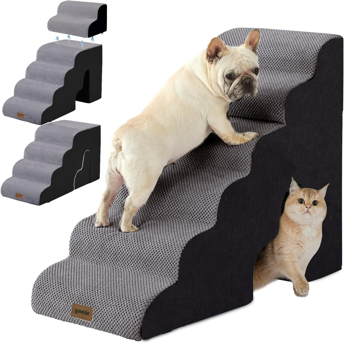 Dog Ramp for Large Dogs with Tunnel, 24" H 5 Steps for High Bed – Essentials for Dogs - 6-Steps Curved / Black Fleece