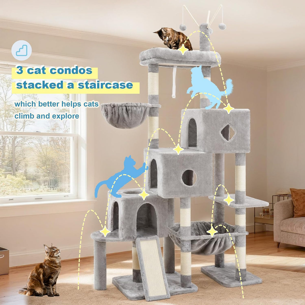 Hey-brother Cat Tree Tower with 3 Condos - 74.8 inches / Light Gray - image 3
