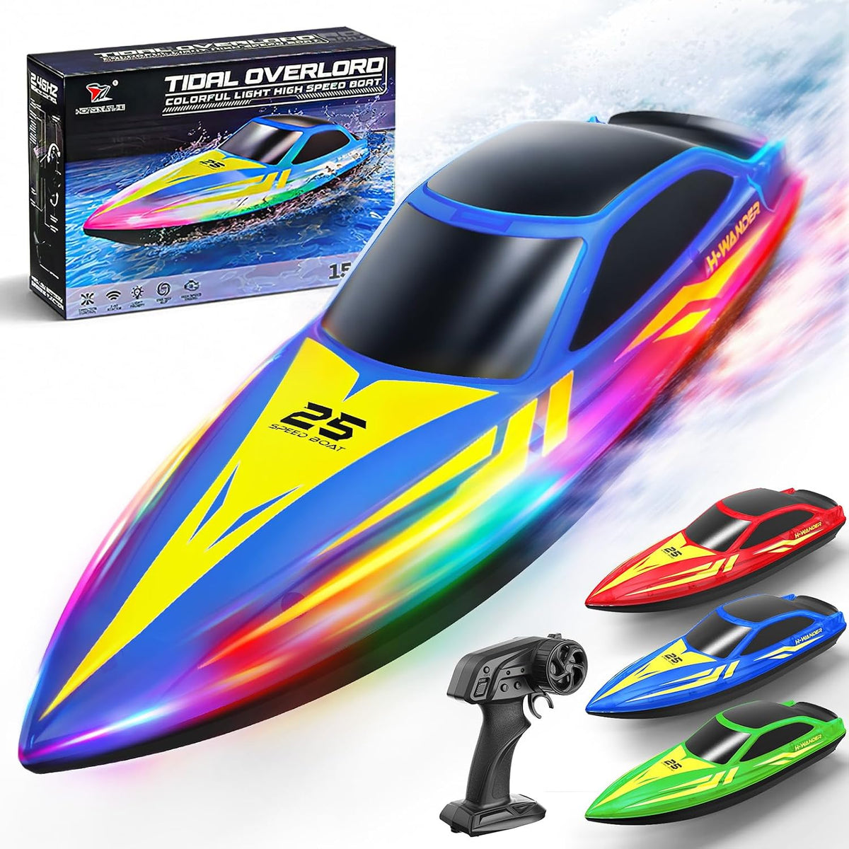 Cirmine 10 inch RC boat with colorful LED lights on the water