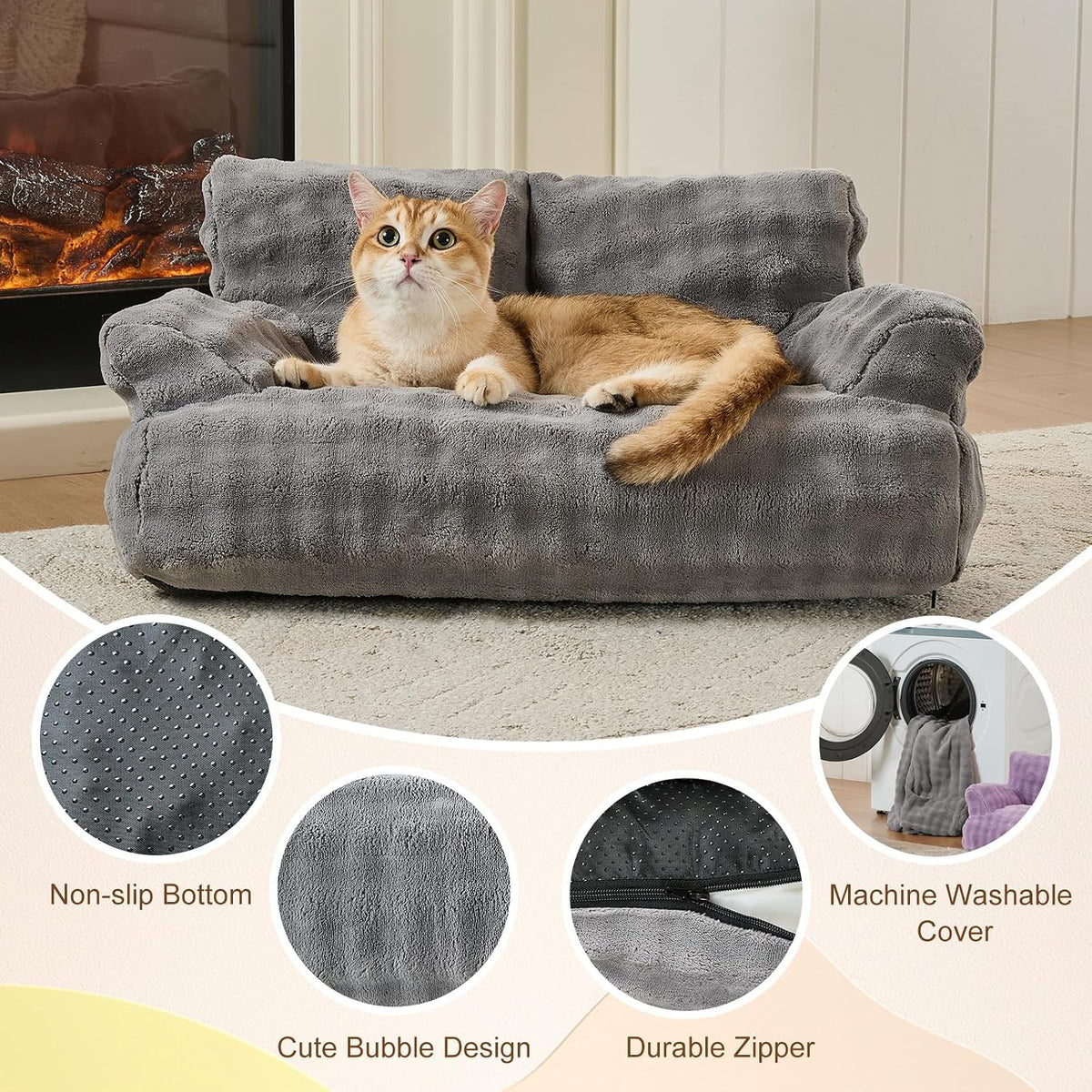 Cat Couch Bed, Cute Pet Sofa for Indoor Cats, 26"x15" - Grey / 26"L x 15"W x 12.5"Th - image 3