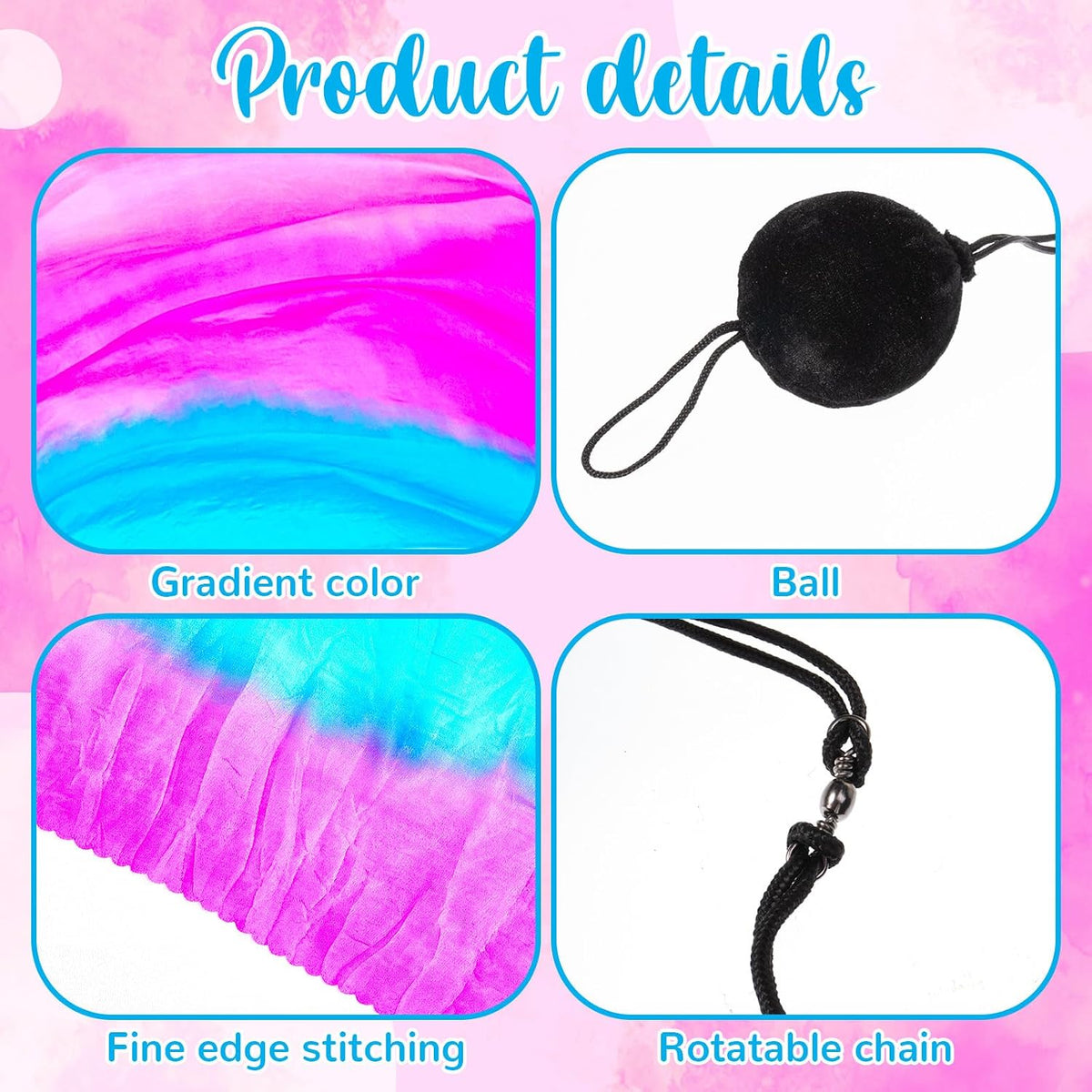 Jenaai silk veil poi set of 4 with black balls and adjustable chains in bright colors - view 14