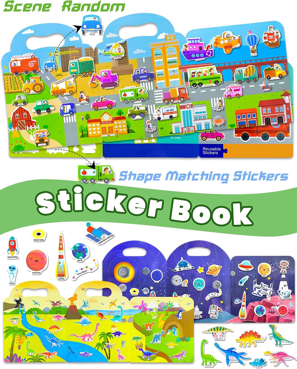 Walenced Reusable Sticker Book, Stickers for Kids - Dinosaur+Vehicle+Space - image 3