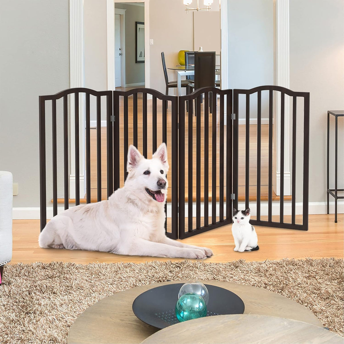 Pet Gate, 3-Panel Indoor Foldable Dog Fence for Stairs, Hallways - Brown / 4 Panel - image 2