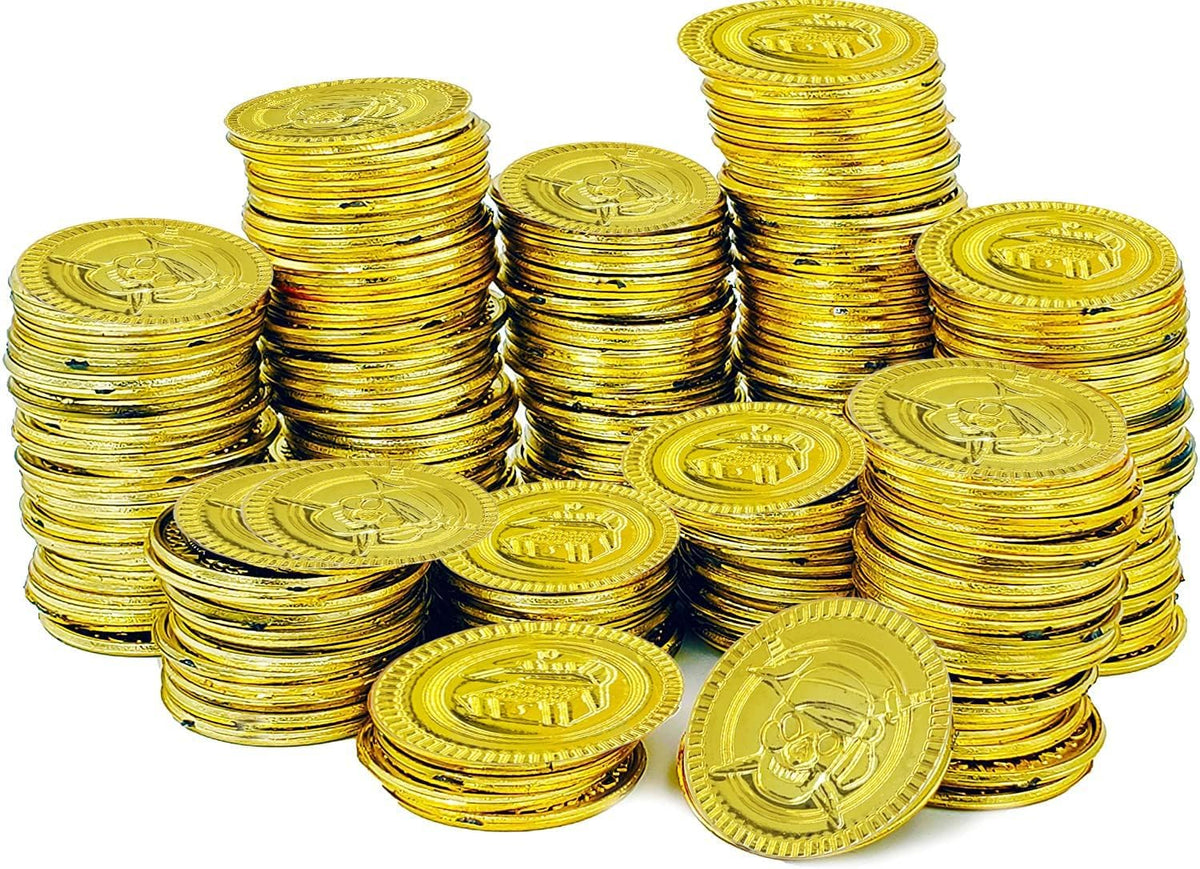 The Dreidel Company plastic gold coins, 50 pack of pirate doubloons for party favors - view 3