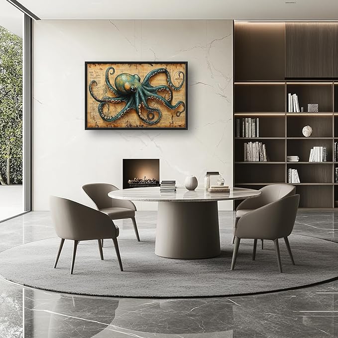Large Octopus Nautical Wall Art for Living Room, Vintage Ocean Canvas Oversized Wall Decor, Rustic Sea Animal Framed Pictures Painting Print Artwork for Bedroom Office 36"L x 24"W
