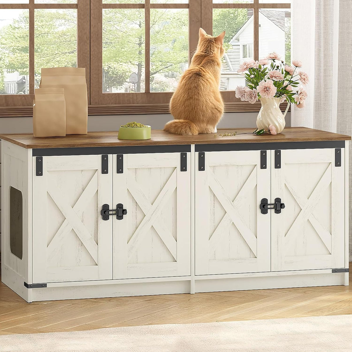 Hzuaneri Cat Litter Box Enclosure - Rustic Brown and White / 46.7"L x 18.9"W x 21.1"H
