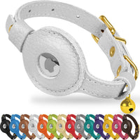 OOPSDOGGY Leather AirTag Cat Collar with Bell - White