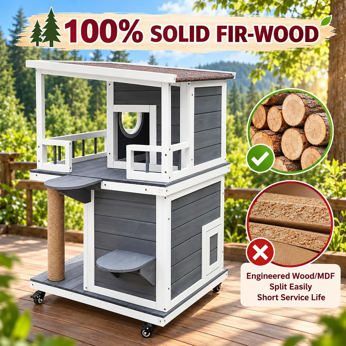 2-Layer Outdoor Cat House with Soft Mat - Grey White - image 4