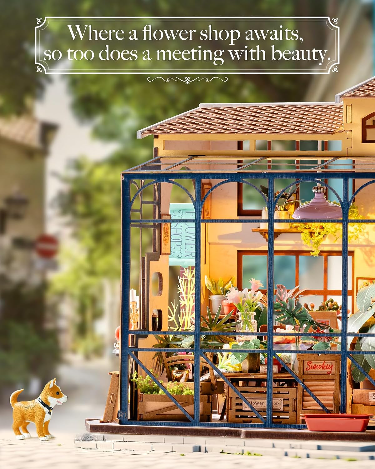 Rolife Greenhouse miniature house kit assembled with plants, wooden furniture and LED light - view 14