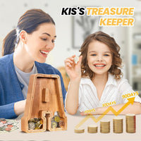 KMC wooden letter piggy bank, oak initial coin bank with clear plexiglass front - view 39