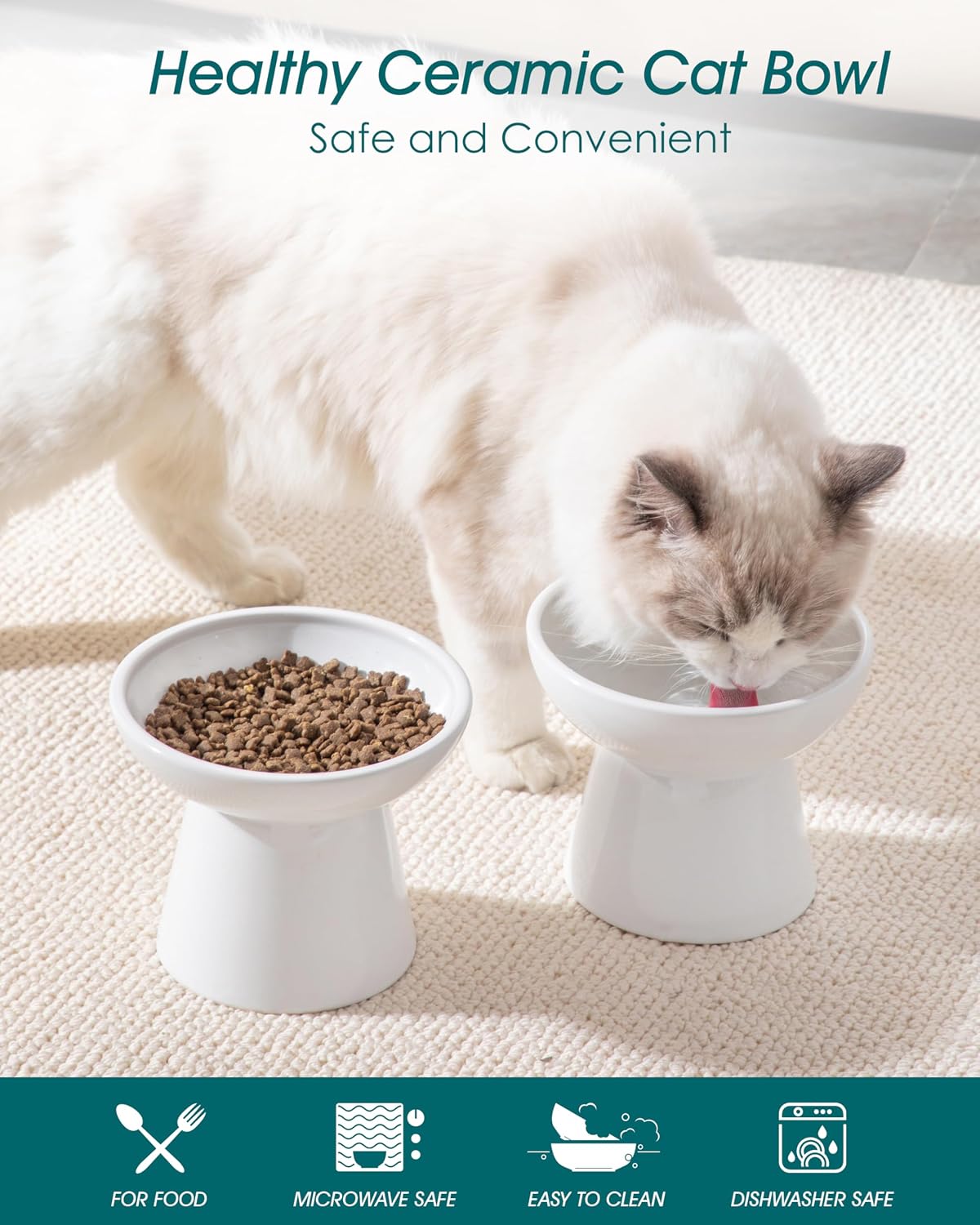 vancasso 2-Pack 6.2" Wide Elevated Cat Bowls - White / Food & Water Bowl Set - image 3