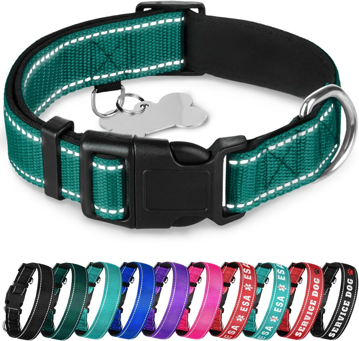 Reflective Neoprene Padded Dog Collar with Quick Release Buckle – Essentials for Dogs - Dark Emerald Green / XX-Small