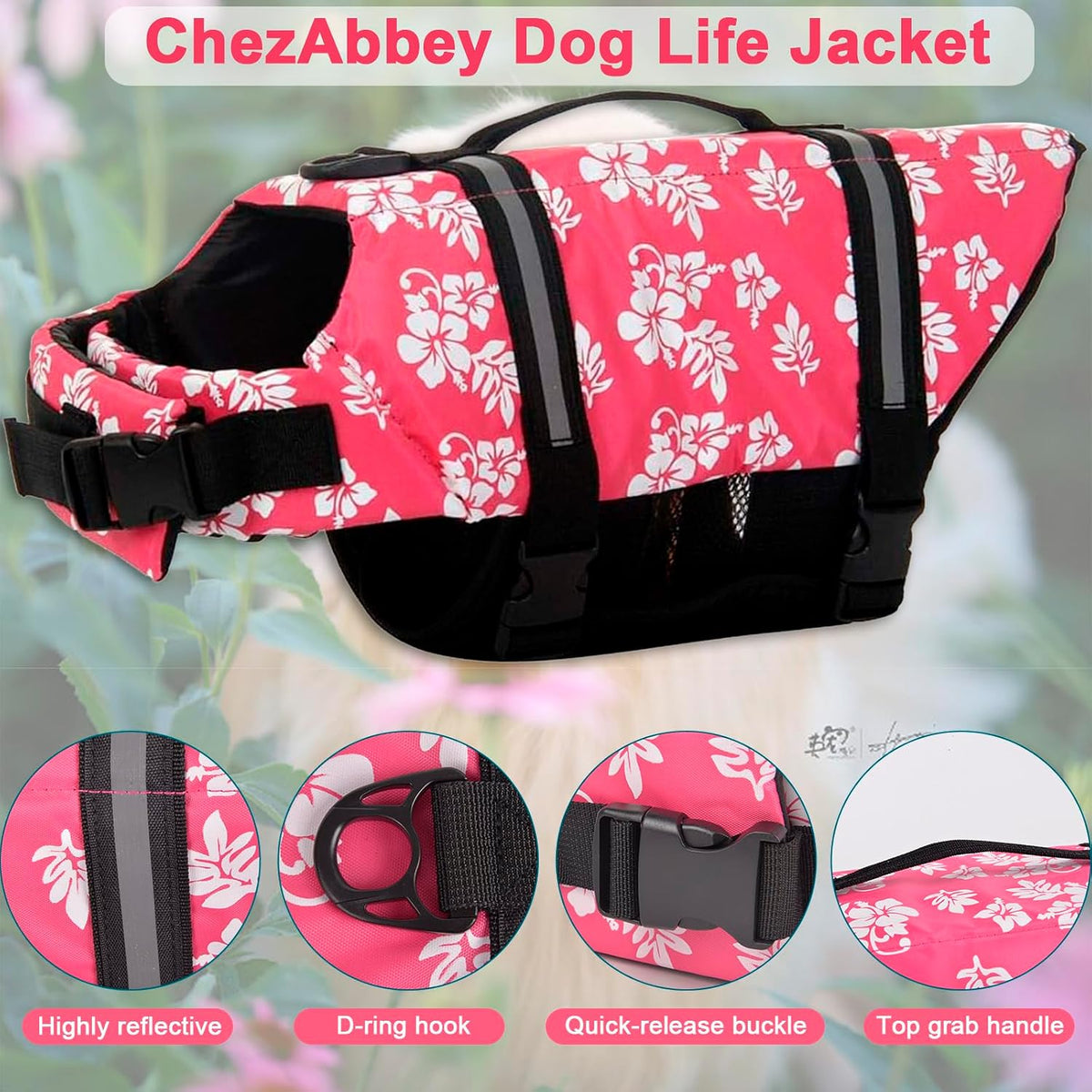 Dog Life Jacket Adjustable Dog Lifevest Swimsuit Safety Vest Apparel - A-Pink Flower / L:20-29 inch(Ribcage Girth) - image 2