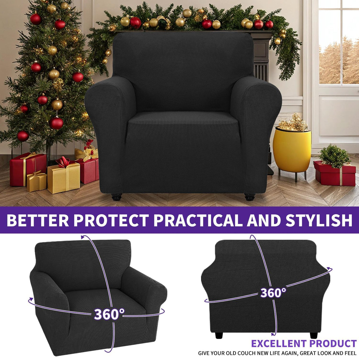 Super Stretch Couch Cover Universal Sofa Covers with Elastic Bottom - Black / Small (30"-47") - image 3