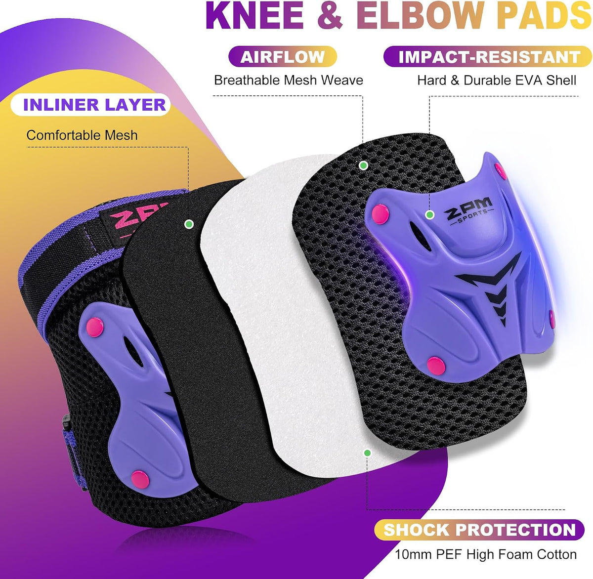 2PM SPORTS Knee and Elbow Pads Set with Wrist Guards for Kids Girls - Purple / Small - image 3