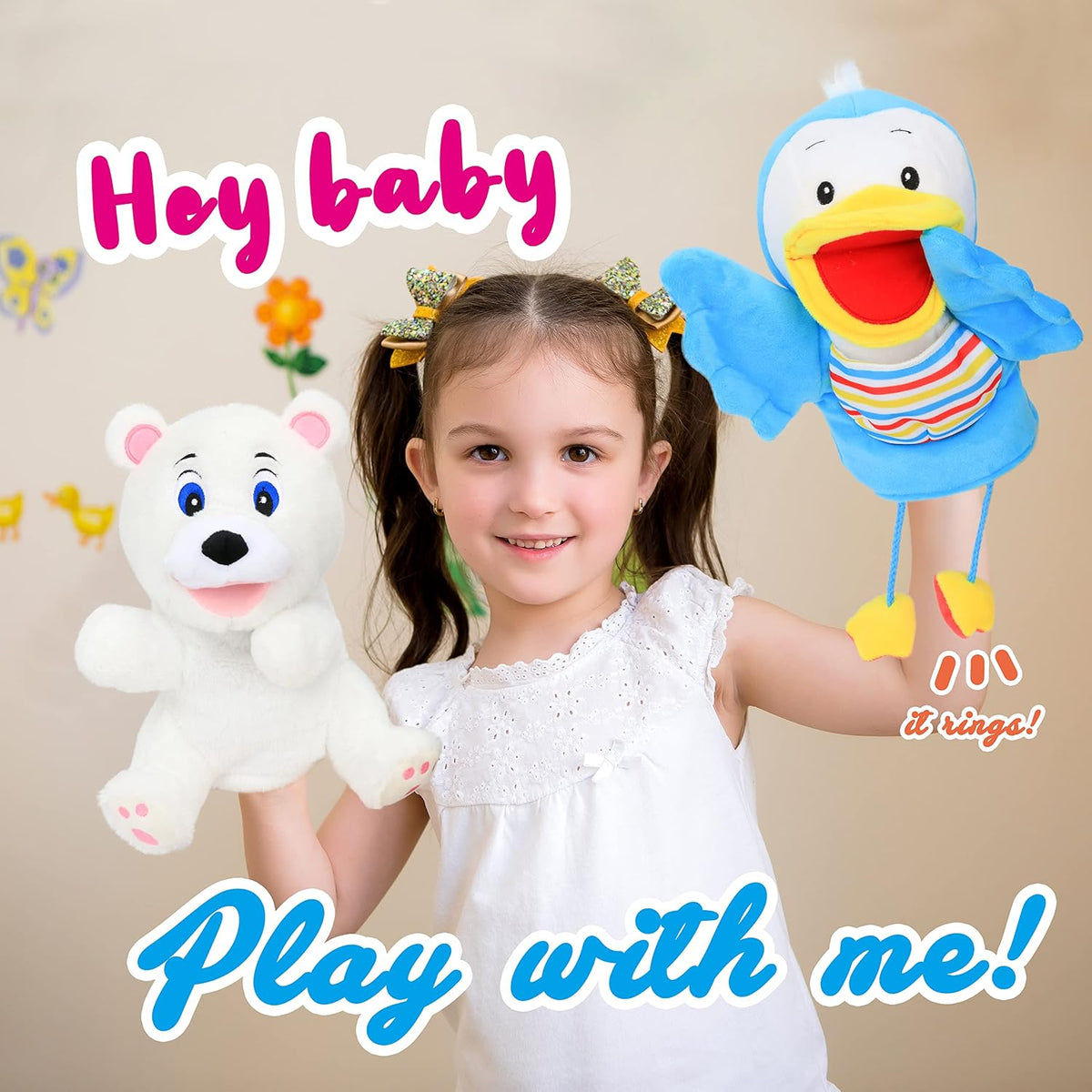 Hopearl white plush unicorn hand puppet with open movable mouth, 12 inches - view 14