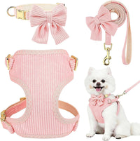 Small Dog Collar Harness and Leash Set with Bowtie - Pink-Harness / S: Neck 10-16", Chest 14-18.9"