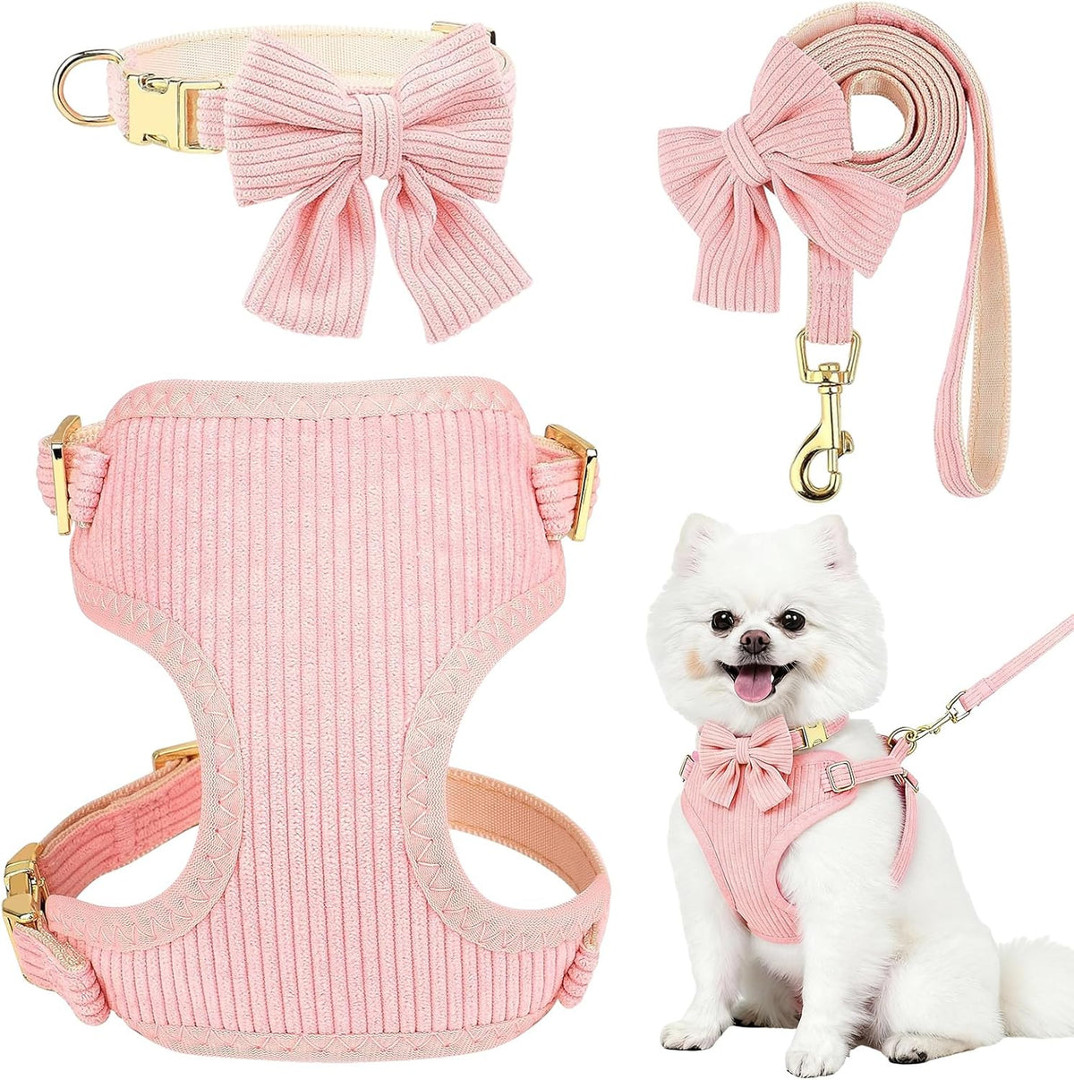Small Dog Collar Harness and Leash Set with Bowtie - Pink-Harness / S: Neck 10-16", Chest 14-18.9"