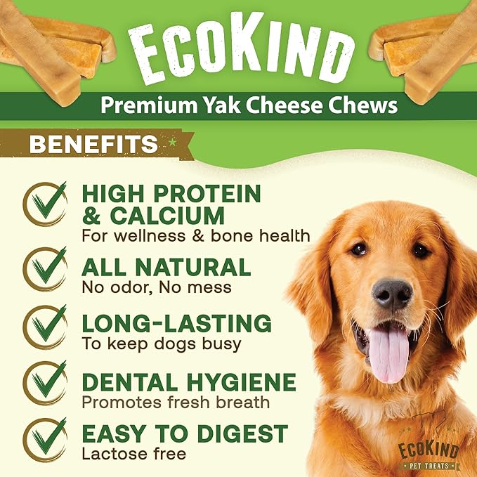 EcoKind Premium Gold Yak Cheese Himalayan Dog Chews, Dog Treats Large Breed, All Natural, High Protein, for Aggressive Chewers, Large - 8+ Chews (2 lbs)