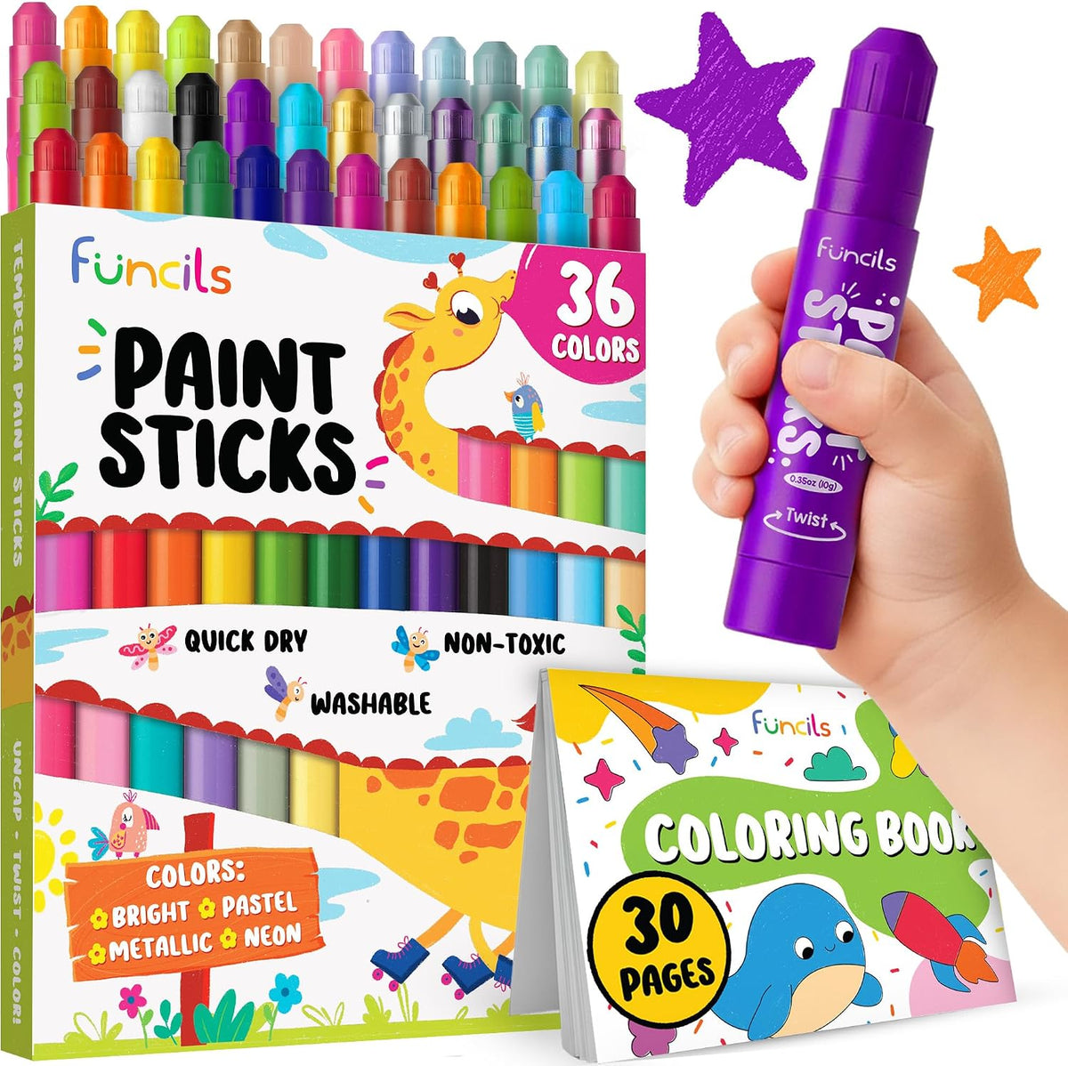 24 Thin Washable Paint Sticks for Kids - 36 Thick