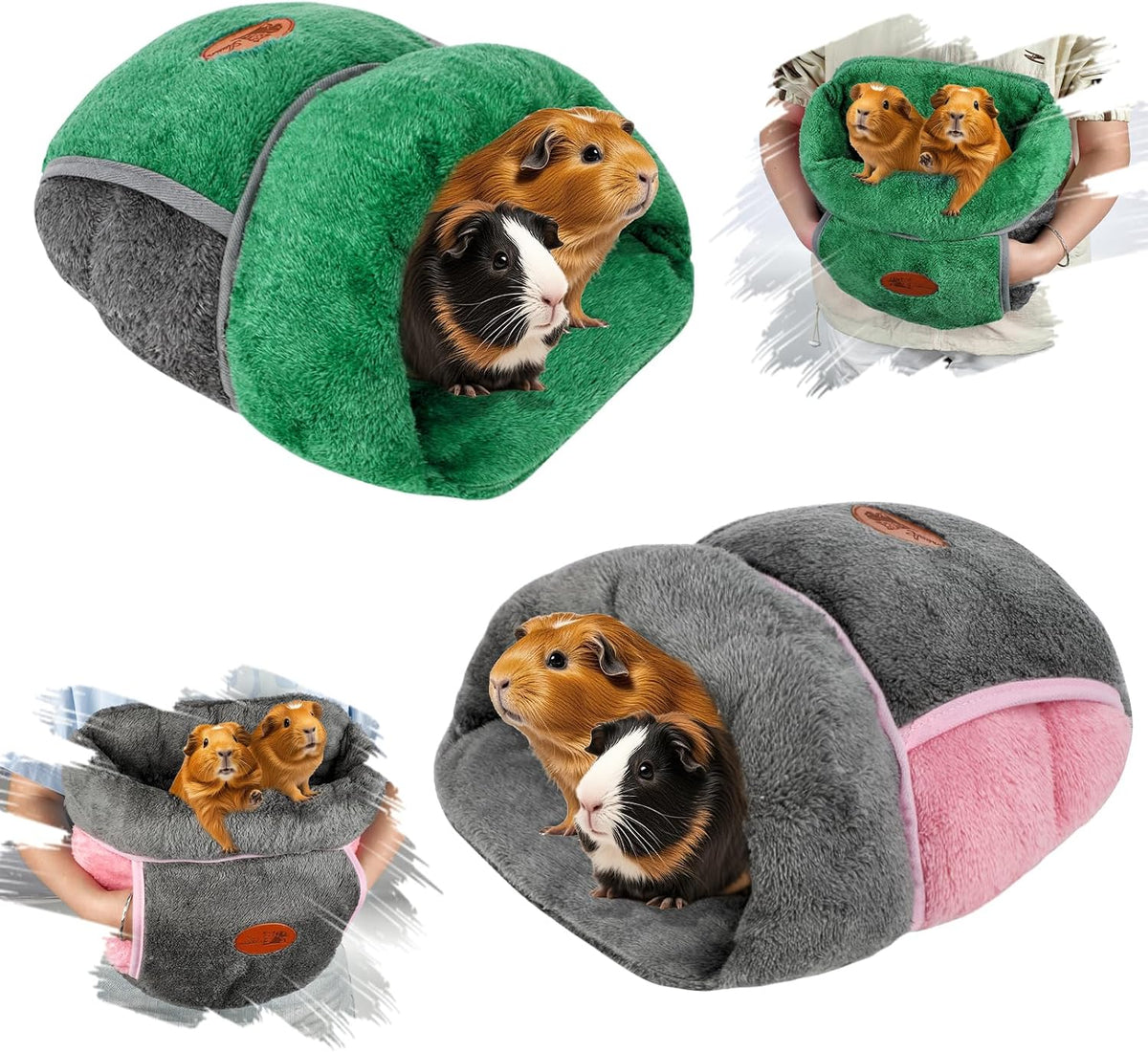 YUEPET Guinea Pig Bed Cuddle Cave, Warm Fleece Hideout - 2PCS(Grey+Green) / 2PCS