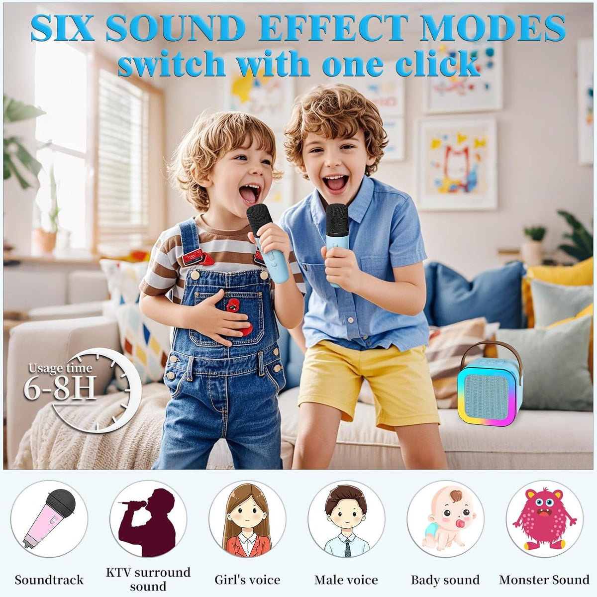 Karaoke Machine for Kids, Portable Bluetooth Speaker with 2 Wireless Microphones, 1 Disco Ball - blue - image 4