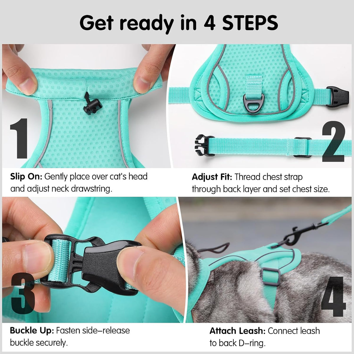 Dotoner Escape Proof Cat Harness and Leash Set Adjustable Soft Mesh - Turquoise / Large - image 3