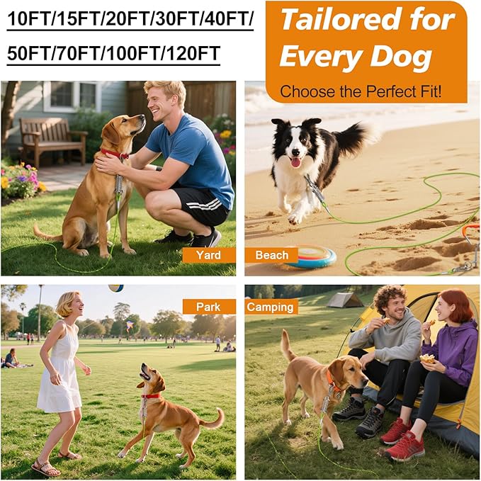 Tresbro 120FT Dog Tie Out Cable with Spring, Shock Absorbing Tether Chains for Outside Aavilable in 10/15/20/25/30/40/50/70/100/120 FT, Heavy Duty Leads for Yard for Medium & Large Dogs Up to 500 LBS