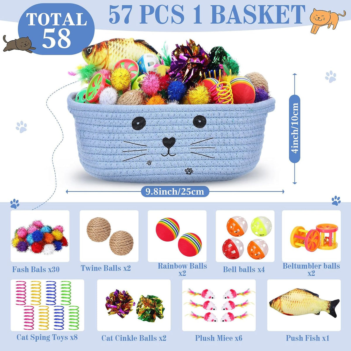 Zopeal 58 Pcs Cat Toy Set with Storage Basket Indoor, Grey - Light Blue / 9.8 Inch - image 2