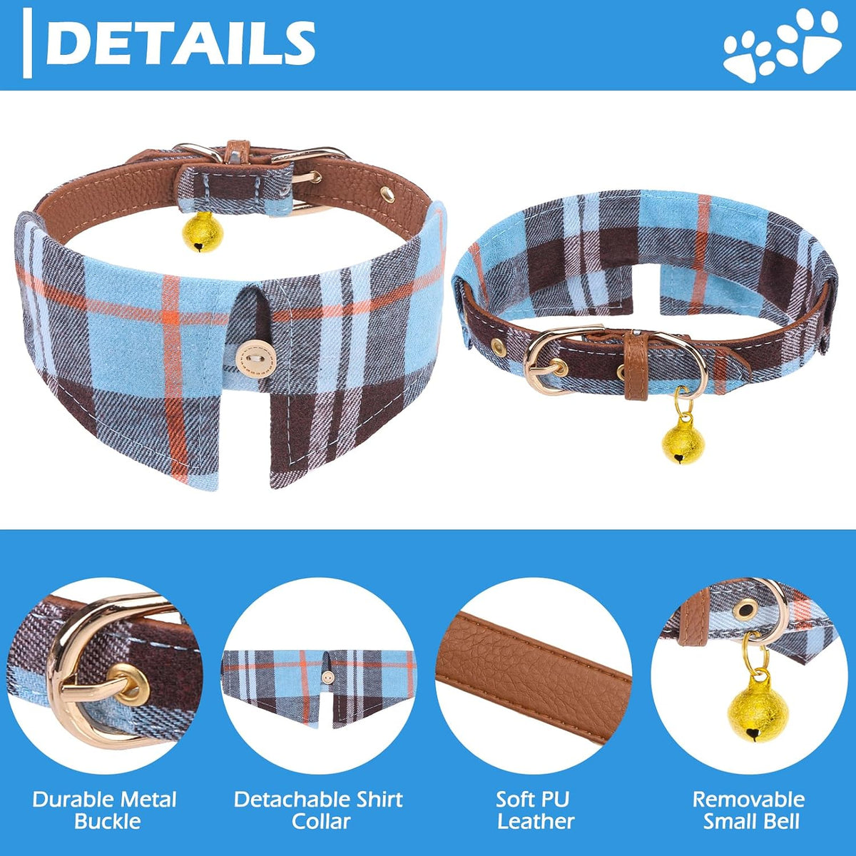 Dog Collar and Leash Set - Embroidery Floral Dog Bow Tie and Bandana Collar with Bell, Cute Flower - Skyblue / X-Small - image 2