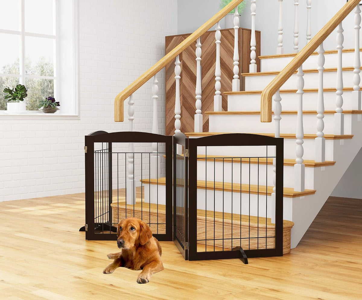 PAWLAND Dog Gate Indoor with Door, Freestanding, Foldable - Espresso / 【4 Panels】96"W x 32"H - image 4