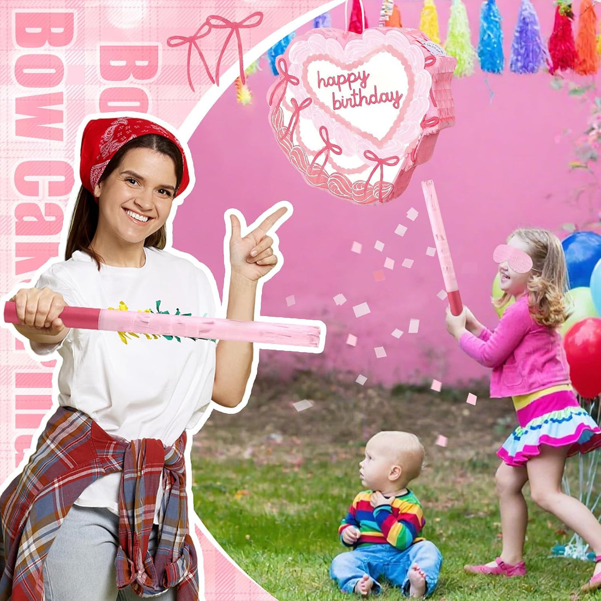 Feifeiya pink bow piñata with pink and white bat, eye masks and confetti - view 8