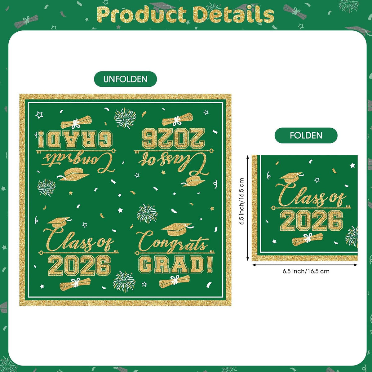 PERFQU Class of 2026 graduation napkins in blue and gold with cap and tassel design - view 18