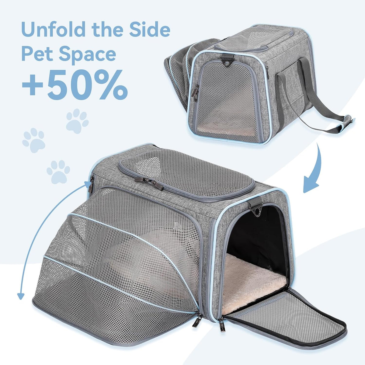 Petsfit Medium Expandable Cat Carrier for Air Travel - 19.0"L x 12.0"W x 12.0"H / Light Gray - image 4