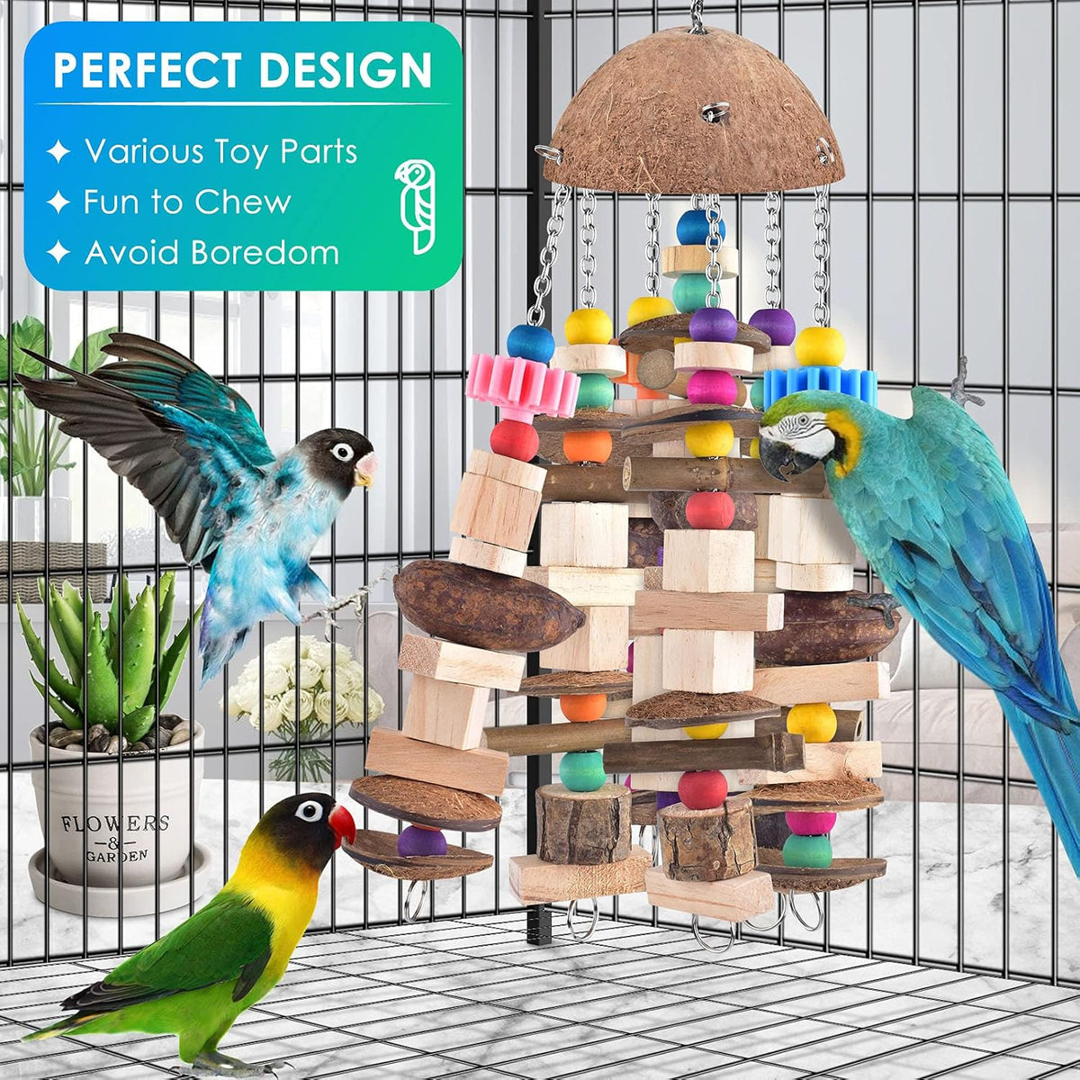 KATUMO Bird Toy, Large Parrot Natural Wooden Blocks Chewing Toy Suits for African Grey Cockatoos - Nutshell - image 4